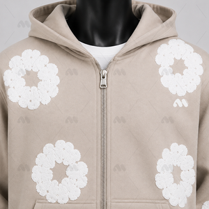 Conjunto de chándal de forro polar personalizado para mujer al por mayor, sudadera con capucha de invierno con cremallera, pantalones de chándal de pierna ancha con bordado floral, ajuste holgado - Product Image 3