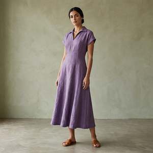 Elegant Lavender Cotton <b>Linen</b> Paneled A-Line Midi Dress For Women Featuring Lightweight <b>Fabric</b> Modern Style Comfortable Fit - Product Image 1