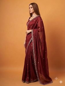 Sari en crêpe de soie marron avec bordure brodée et chemisier pour femme, tenue de mariage traditionnelle, longueur au sol, coupe classique, réversible - Product Image 2