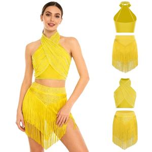 Conjunto de Danza Chacha Salsa para Mujer: Top Corto y Falda-Pantalón para Baile Latino y Danza del Vientre, Trajes de Diseñador, Ropa de Danza al por Mayor - Product Image 4