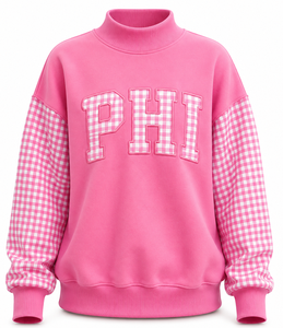 Sudadera OEM personalizada para mujer con cuello simulado, mangas con patchwork de guinga, apliques de letras, ajuste holgado y hombros caídos. - Product Image 6