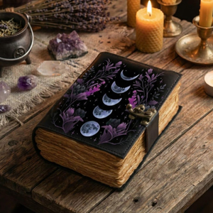 Libro Grimoire de Cuero con Fases Lunares Impresas, Libro Vintage con Papel de Borde Roto, Hecho a Mano, Tapa Dura, Libro de Rituales Mágicos y Ocultos Al-Amir - Product Image 4