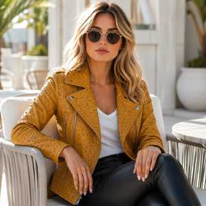 Veste en cuir embossé pour femme, style moto, Leather Spot |   Veste de motard en cuir véritable faite à la main |   Manteau de moto d'hiver de luxe - Product Image 4