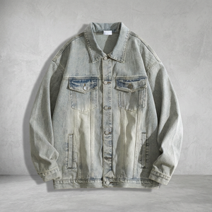 Men's Light Blue Coated Denim Puffer <b>Jacket</b> Casual Washed Cotton Regular Fit Stand Collar Zipper Closure Autumn Style Front - Product Image 3
