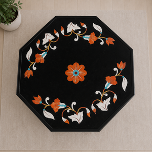 Table en marbre noir artisanal avec incrustations, table basse moderne de luxe en marbre, meubles élégants avec incrustations en pierre, marbre noir de qualité supérieure - Product Image 2