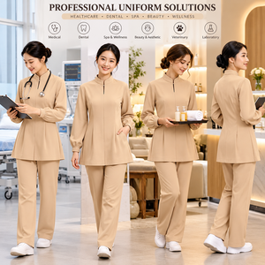 ชุดสครับสีเบจแบบยูนิเซ็กซ์ เสื้อแขนยาวติดซิปด้านหน้า กางเกง ชุดยูนิฟอร์มโรงพยาบาล ผ้าทอผสมคอตตอน โพลีเอสเตอร์ แคนวาส ตรวจจับรอยตะเข็บได้ ไร้รอยต่อ - Product Image 2