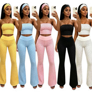 Nouvel ensemble d'été trois pièces extensible à pois pour femme : haut bustier sans bretelles, pantalon évasé taille haute et bandeau - Product Image 1