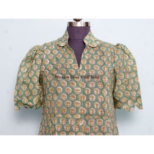 Vestido midi elegante para mujer, cómodo, de manga corta, con estampado floral vibrante hecho a mano, 100% algodón puro, estilo casual. - Product Image 2