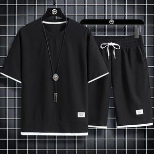 Mens Casual Solid Color Summer Two Piece Shorts Suit Loose 2 Piece Waffle T-shirt Short Set <b>Tracksuit</b> - Product Image 3