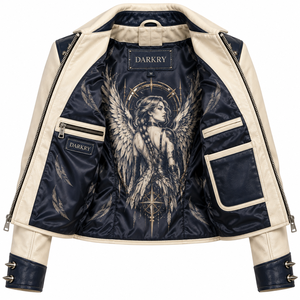 Cream Navy <b>Women</b> Genuine Leather Biker <b>Jacket</b> Custom Braided Angel Print Shirt Collar Studded Shoulder Outerwear Supplier - Product Image 5