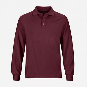 Polo à manches longues pour homme, couleur unie, tissu Oxford avec poche, style décontracté, coton tissé anti-plis - Product Image 1