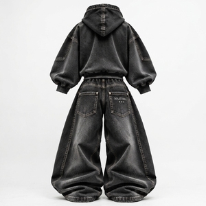 <b>Womens</b> Black Washed Denim Hoodie And <b>Baggy</b> Wide Leg <b>Jeans</b> Set Cropped Oversized Streetwear Two Piece Custom OEM Wholesale - Product Image 4