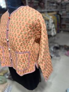 Quilted Cotton Jacket Women Floral Print Mandarin Collar Full Sleeve Autumn Style <b>Covered</b> <b>Button</b> Closure GIFT FOR HER - Product Image 5