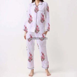 Pijama de algodón con estampado de bloque de mano, traje de noche Kurti primavera/verano Floral/personaje/letra/patrón/vacaciones/patrón de árbol de coco - Product Image 2