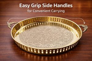 Handmade Embossed Pure Brass Puja Thali with Handle 12 Inch Round Pooja Plate Traditional Aarti Thali for Home Temple <b>Mandir</b> - Product Image 3