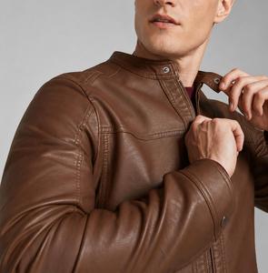 Unisex Genuine <b>Leather</b> Waterproof Moto <b>Jacket</b> Front Logo Stand Collar Zipper Closure Solid Color Autumn Style Slim Fit <b>Brown</b> - Product Image 5
