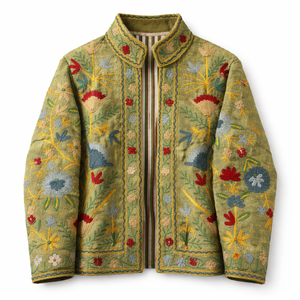 Chaqueta de Algodón con Bordado Floral Kashmiri Hecha a Mano por Artesanos, Cuello Alto, Estilo Boho, Chaqueta Bomber para Mujer - Product Image 1