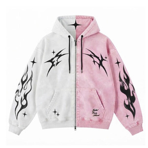 Sweat-shirt unisexe à capuche zippé effet délavé, imprimé étoiles et flammes, style streetwear - Product Image 1