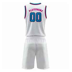 Ensemble de maillots de basket personnalisés, col en V, sans manches, sublimés, blanc, rose, bleu, bordure respirante, évacuation de l'humidité, 100% polyester, adulte - Product Image 2