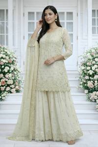 Ensemble Anarkali en Faux Georgette Brodé Crème avec Dupatta, Tenue Traditionnelle Indienne et Pakistanaise pour Femme, Coupe Droite, Longueur Genou - Product Image 3