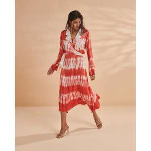 Vestido Maxi Cruzado con Estampado Tie Dye Rojo y Blanco para Mujer, Vestido Estilo Camisa de Manga Larga con Cuello en V, Ropa de Verano Estilo Bohemio para Mujer - Product Image 1
