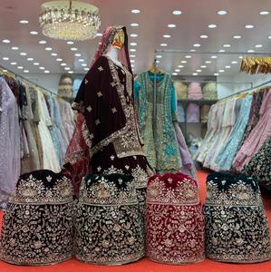 Ensemble Lehenga Choli en velours brodé longueur ras du sol avec dupatta, bordure florale brodée, tenue de soirée de mariage pour femme, tissu épais - Product Image 5
