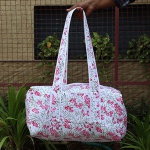 Quilted Flower Cotton <b>Duffel</b> <b>Bag</b> with Zipper Closure Portable Travel Tote Casual Style - Product Image 1