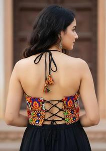 Halter Neck Mirror Work Blouse With Rayon Ghaghra Kodi Lace Backless Design Navratri Festival Wear Pair Set - Product Image 6
