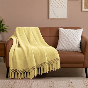 Solid Yellow Cotton Throw <b>Blanket</b> With Tassels Design Morden Cotton Throw for Home Decor All Season Use. - Product Image 1