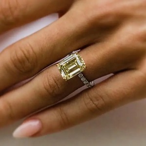 New 925 Moissanite Emerald Cut 3.5 Carat Yellow <b>Two</b> Tone Classic Engagement <b>Ring</b> Sterling Silver White Gold Plated Women's - Product Image 1