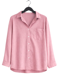 Ensemble deux pièces en lin rose pour femme, chemise à manches longues boutonnée et pantalon large à taille élastique, tenue décontractée pour la maison - Product Image 1