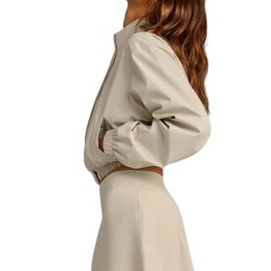 Beige <b>Womens</b> Polyester Windbreaker <b>Jacket</b> Custom Logo Letter Print Full Zip High Neck <b>Lightweight</b> Outdoor Streetwear OEM Apparel - Product Image 5