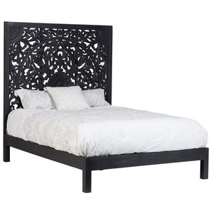 Luxury Handcrafted Solid Wood <b>Bed</b> Frame Ornate Mandala Jaali Carving Charcoal Black Finish - Product Image 1
