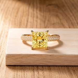 Anillo de compromiso y boda con diamante amarillo talla princesa cultivado en laboratorio, joyería nupcial de platino, regalo de joyería fina para ella. - Product Image 6