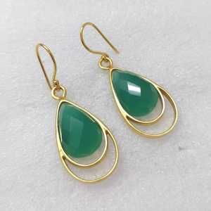 ต่างหูหยดน้ำหยกสีเขียว เงินแท้ 925 ชุบทอง 14K พลอยเจียระไน งานโบโฮ ของขวัญเครื่องประดับ - Product Image 1