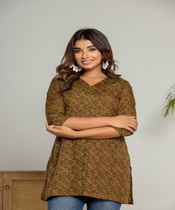 FANCY RAYON COTTON DIGITAL PRINT WORK ONLY TOP DAILY WEAR WHOLESALE PRICE ETHNIC GARMENT <b>KURTI</b> MUSTARD WEAVING - Product Image 3