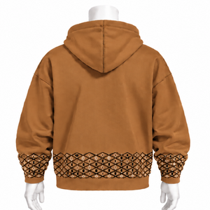 Sweat-shirt à capuche en molleton épais marron camel avec bordure brodée, ourlet et poignets décoratifs, poche kangourou, décontracté - Product Image 2
