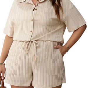 Conjunto Casual de Dos Piezas para Mujer, Camisa con Botones y Pantalones Cortos con Cordón, Talla Grande, Ropa de Verano para Estar en Casa - Product Image 6