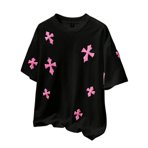 Black Women's Summer Breathable Knitted Loose <b>T</b> <b>Shirt</b> Pink Bow Embroidery Short Sleeve Crew Neck Casual Streetwear - Product Image 1