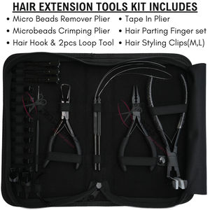 Elite Black Hair Extension tools Kit with Tape In Plier Micro Bead Remover Crimping Tool Pulling <b>Hook</b> Loop Tool Styling <b>Clips</b> - Product Image 2