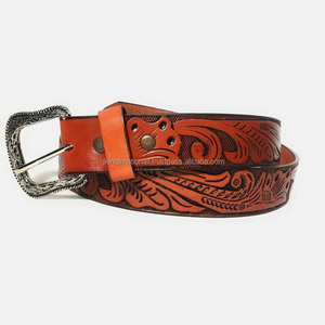 Stylish Western Leather <b>Tooling</b> Belt for men and women with floral <b>engraved</b> antique brass buckle cowboy belt custom sizes - Product Image 5