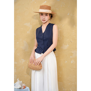 <b>Women's</b> Morden <b>Navy</b> Striped Tailored V Neck Peplum Back Design Vest Office Casual <b>Waistcoat</b> Polyester Spandex Custom Design HIRA - Product Image 1