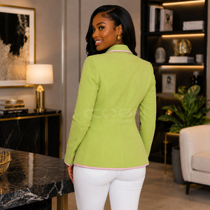 Blazer Cosh International Sorority Sisterhood de color verde sólido con cuello con muescas, cierre de un solo botón y ribete rosa, manga larga. - Product Image 4