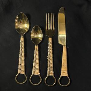Stainless Steel Gold PVD coated <b>Flatware</b> Set of 4 Cutlery Spoon Fork Knife Rattan Handle Classic Wedding Rental Cutlery - Product Image 4