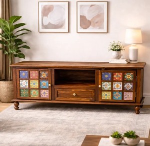 Console multimédia en bois massif de style vintage |   Meuble TV coloré avec façade en carreaux |   Vente en gros B2B Inde - Product Image 1