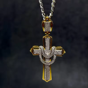 Pendentif Croix en Argent 925 avec Diamants et Strass en Cristal Micro-Pavé, Breloque Thème Hip-Hop pour Homme, Cadeau Bijou - Product Image 1
