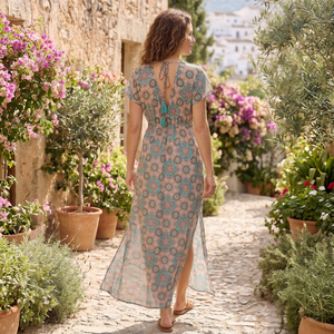 Floral Print V-neck Maxi <b>Dress</b> Boho Style Short Sleeve Loose Fit Summer Casual Woven Rayon Cotton Breathable Eco-Friendly Tassel - Product Image 2