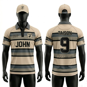 Maillot de rugby pour homme, tissu polyester respirant de haute qualité, beige et noir, design à panneaux horizontaux, logo sublimé. - Product Image 1