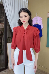 Blusa de lazo de color liso para mujer al por mayor, elegante camisa de oficina con botones de perlas, top de moda para ropa de trabajo, para proveedor minorista de boutiques - Product Image 6