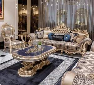 Juego de Muebles de Sala de Estar Estilo Imperial Griego con Acabado Dorado, Sofá Cuadrado Acolchado, Madera, Tamaño Personalizable, Estilo Maharaja - Product Image 2